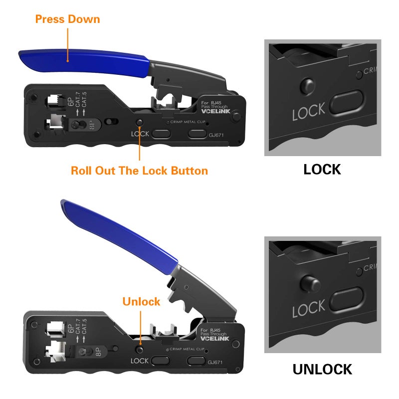 VCELINK RJ45 أداة العقص تمر عبر إيثرنت سلك القاطع المكشكش لـ Cat7 Cat6A Cat6 Cat5E Cat5 موصلات المرور وغير المرور - Image 3